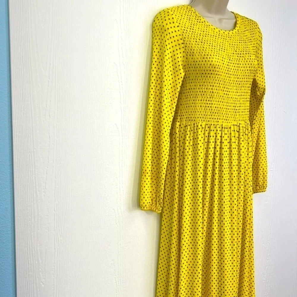 Zara - Yellow And Black Polka Dot Long Sleeve Maxi Dress Size Small